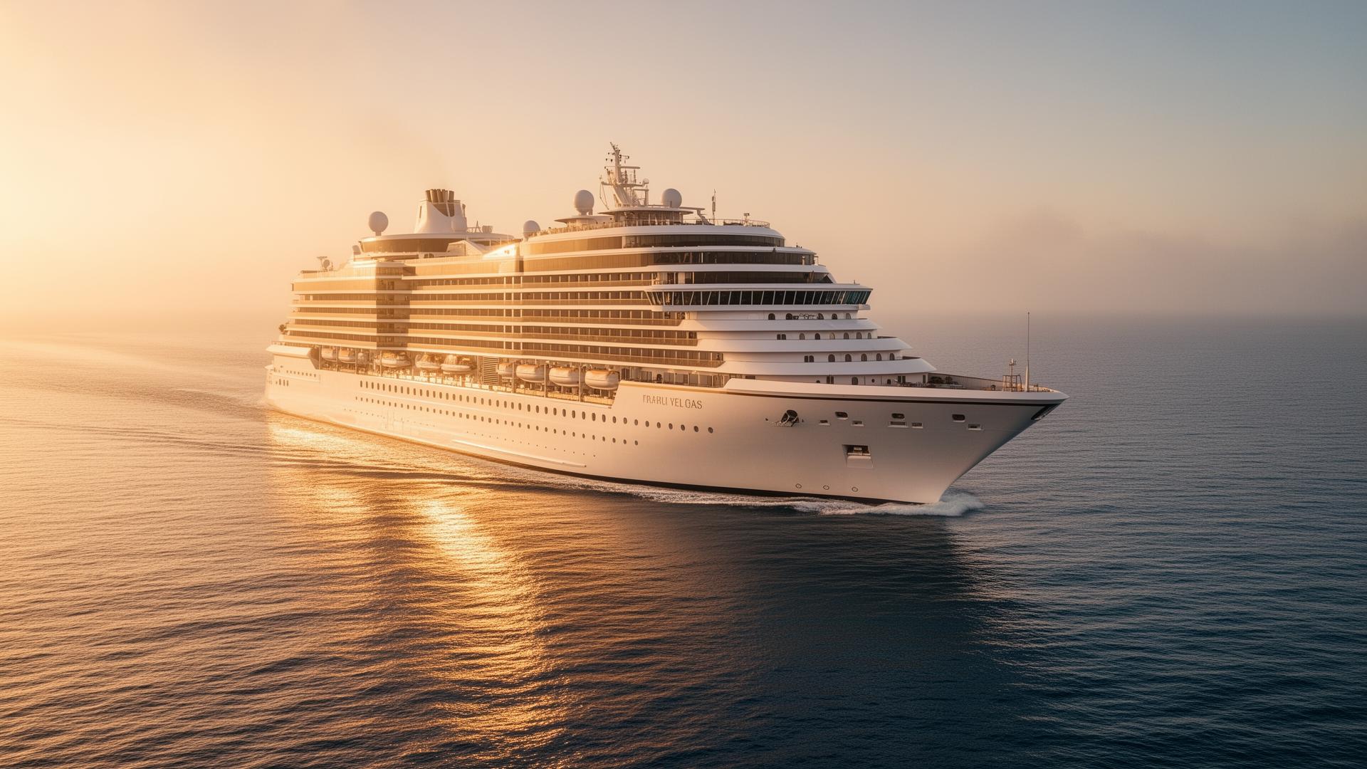 Navio de cruzeiro de luxo navegando ao pôr do sol
